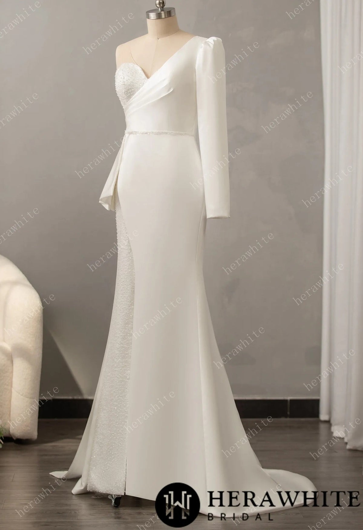 Modern Dress Soft Satin Fabric, Long Sleeve, One Shoulder, Wedding Dress Bridal Gown Sweetheart Neckline Beaded Illusion Back Fit and Flare