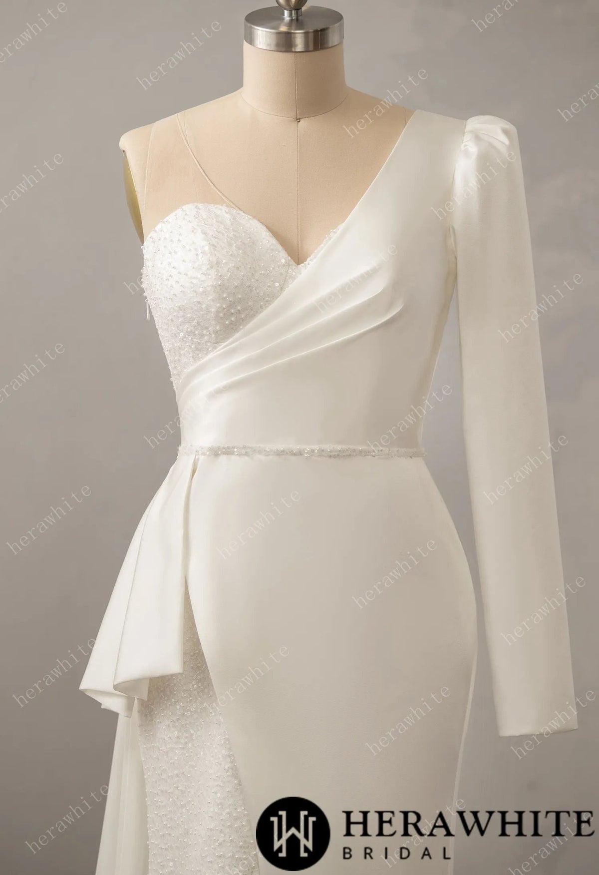Modern Dress Soft Satin Fabric, Long Sleeve, One Shoulder, Wedding Dress Bridal Gown Sweetheart Neckline Beaded Illusion Back Fit and Flare
