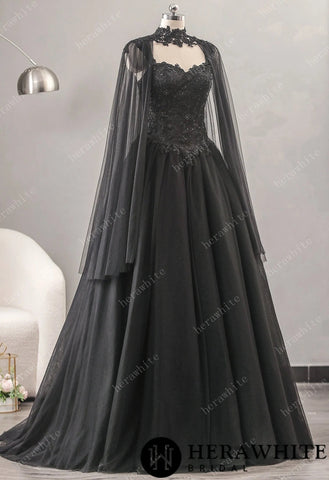 Gothic Black Modern Wedding Dress Sleeveless Bridal Gown Aline Sweetheart Neckline Corset Lace Up Back Wide Straps Detachable Cape