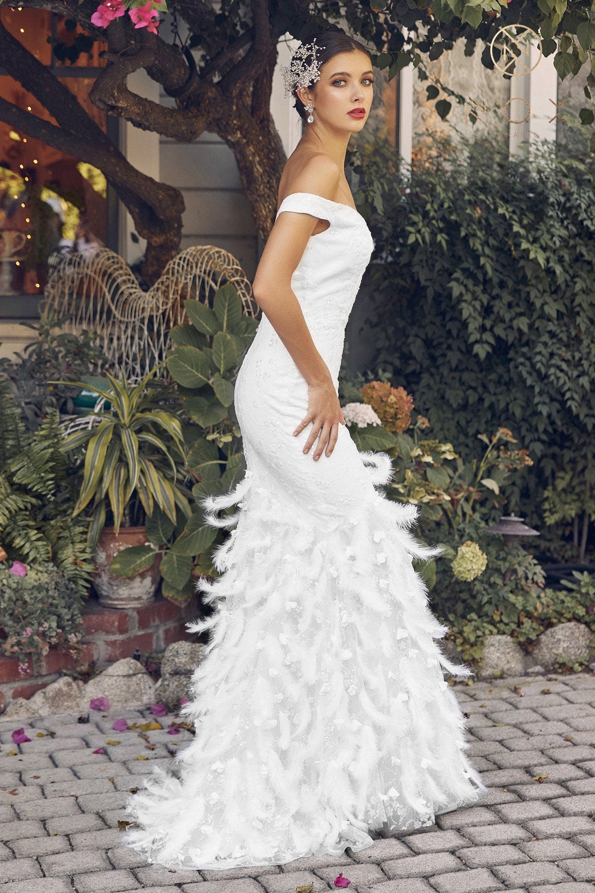 Beaded Off-Shoulder Sheath Bridal Gown with Feather Accents V Neckline Open Back Short Train Wedding Dress White Lace
