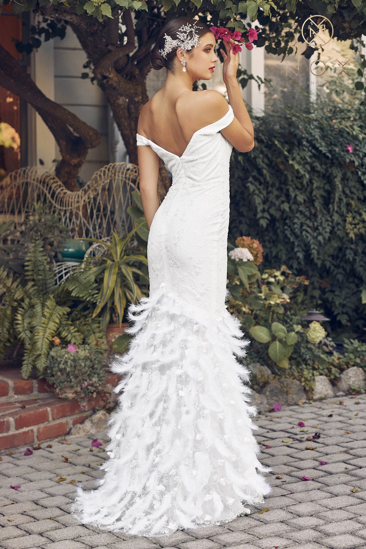 Beaded Off-Shoulder Sheath Bridal Gown with Feather Accents V Neckline Open Back Short Train Wedding Dress White Lace