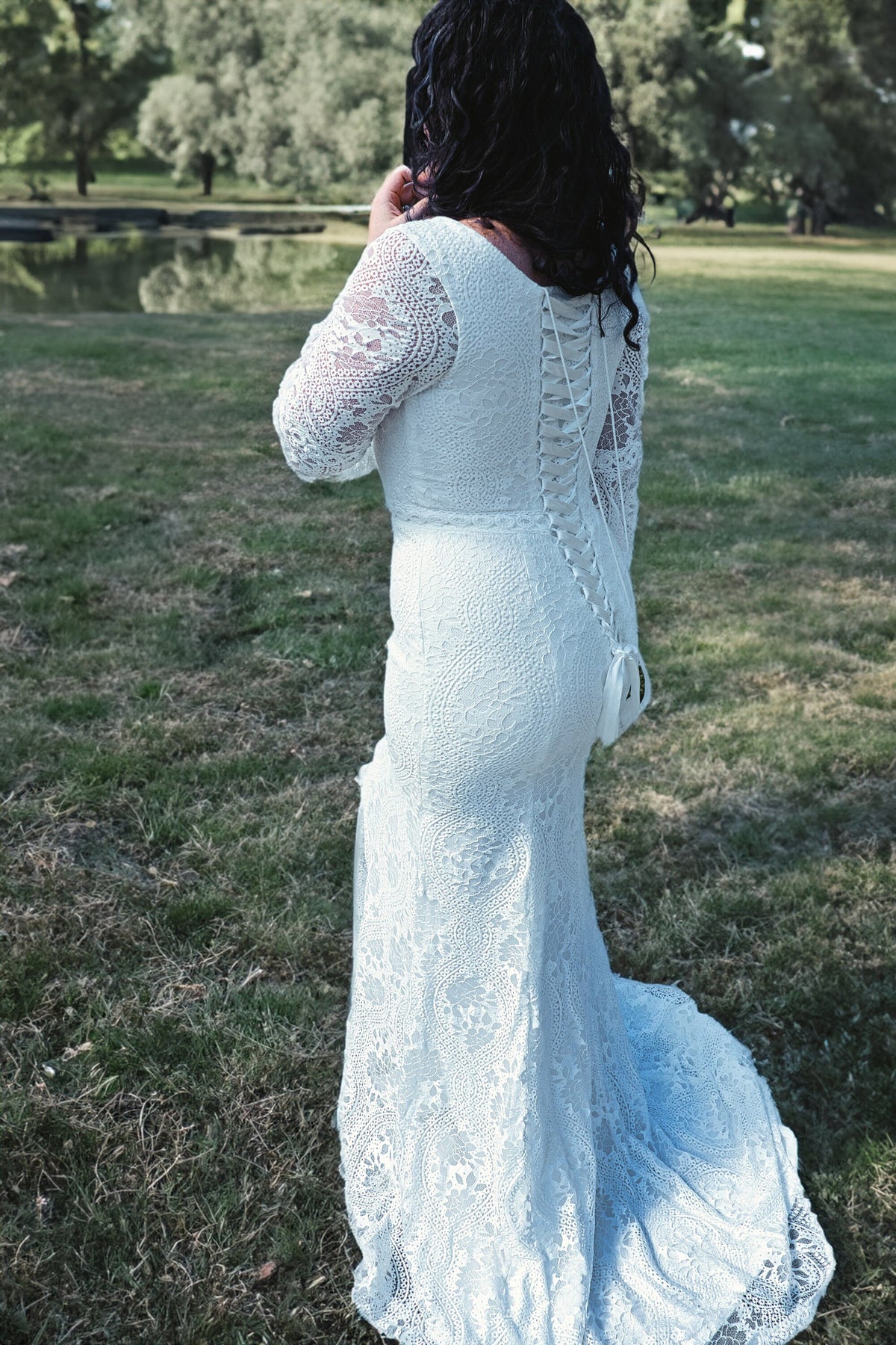 Modest Boho Scoop Neck All Over Lace Wedding Dress Bridal Gown Long Bell Sleeves Covered Back Lace Train Fit and Flare Corset Lace Up