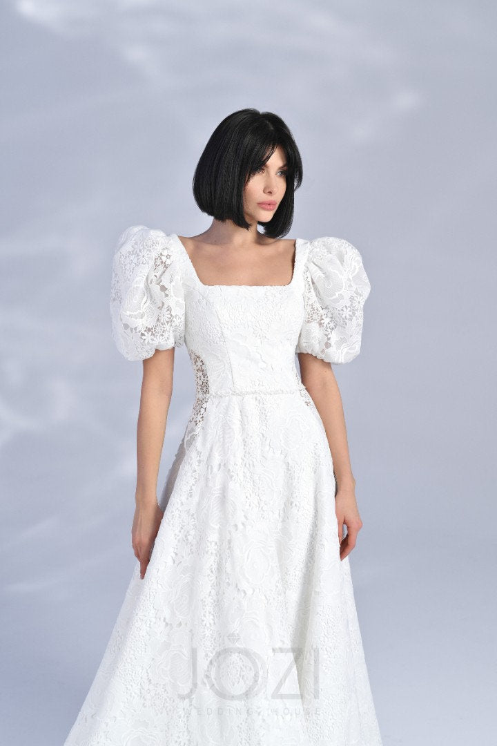 Beautiful ALine Short Puffy Sleeves All Over Floral Lace Square Neckline Wedding Dress Bridal Gown with Lace Train Low Open Back Sheer Sides