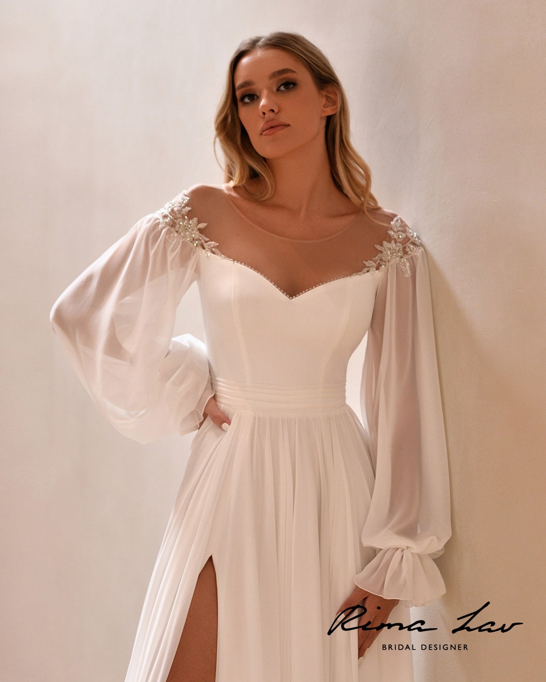 Beautiful Minimalist Long Bishop Sleeve ALine Wedding Dress Bridal Gown Side Slit Illusion Sweetheart Neckline Plus Size Short Train
