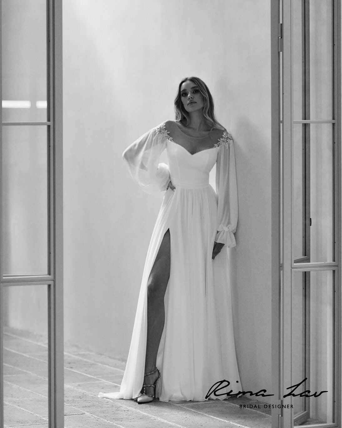 Beautiful Minimalist Long Bishop Sleeve ALine Wedding Dress Bridal Gown Side Slit Illusion Sweetheart Neckline Plus Size Short Train