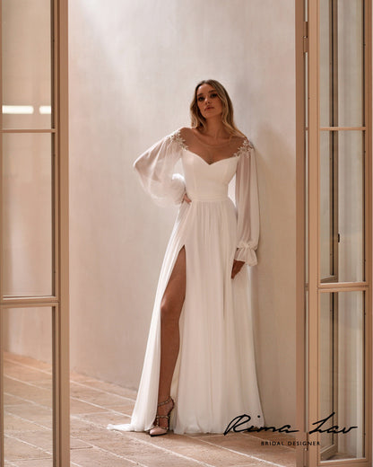 Beautiful Minimalist Long Bishop Sleeve ALine Wedding Dress Bridal Gown Side Slit Illusion Sweetheart Neckline Plus Size Short Train