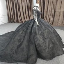Black Wedding Dress Gothic, Black Ball Gown Wedding Dress Long Sleeve, Luxury Beaded Black Wedding Gown Bling Tulle, Alternative Bride Dress