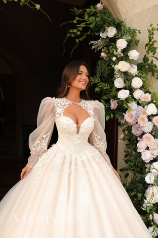 Princess Full Ball Gown Style Sweetheart Neckline Sparkle Puff Shoulder Long Sleeves Wedding Dress Bridal Gown Luxury Design Basque Waist