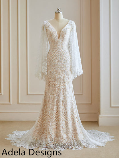 Vintage Lace Boho Mermaid Wedding Dress Long Flutter Sleeves Bridal Gown Fit and Flare Style Open V Shape Back Cape Style Sleeves