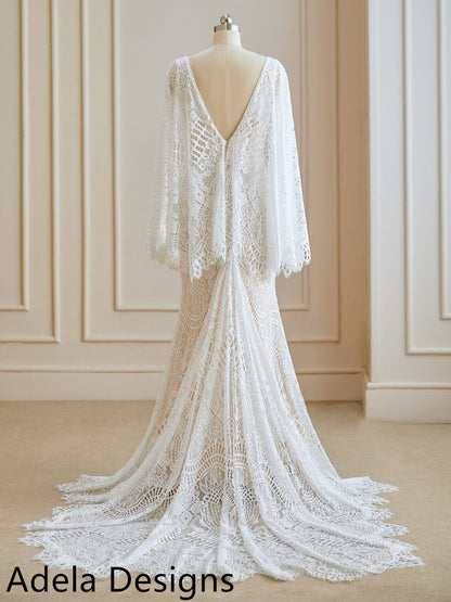 Vintage Lace Boho Mermaid Wedding Dress Long Flutter Sleeves Bridal Gown Fit and Flare Style Open V Shape Back Cape Style Sleeves