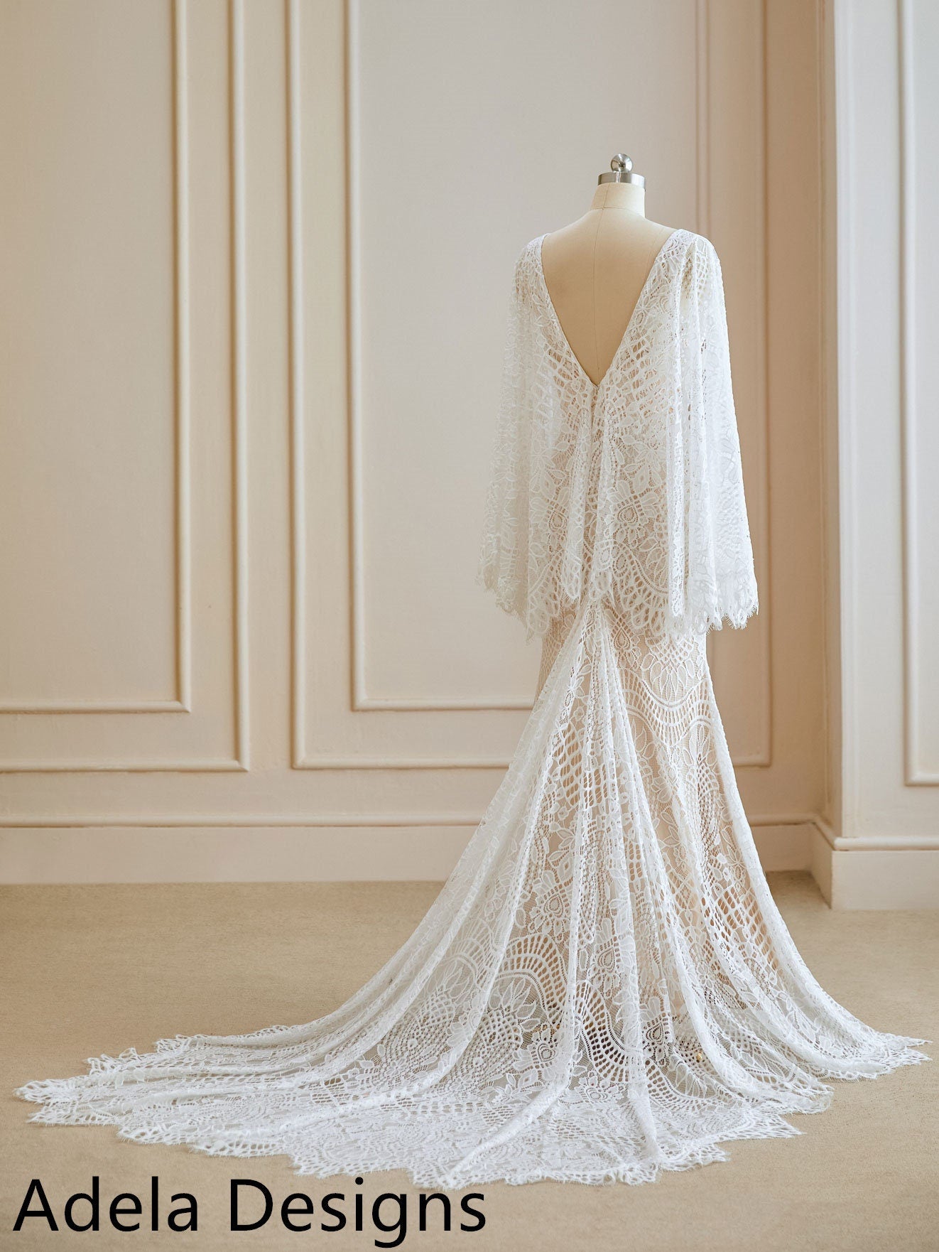 Beatrice Lace Boho Mermaid Wedding Dress | Vintage Flutter Sleeve Bridal Gown by Adela Designs A & M Enterprises Bridal Beatrice Lace Boho Mermaid Wedding Dress | Vintage Flutter Sleeve Bridal Gown by Adela Designs A & M Enterprises Bridal
