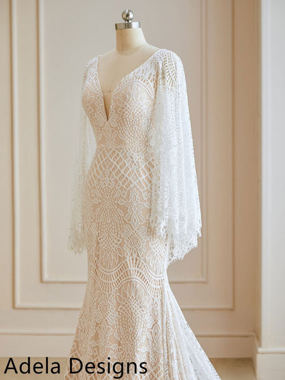 Vintage Lace Boho Mermaid Wedding Dress Long Flutter Sleeves Bridal Gown Fit and Flare Style Open V Shape Back Cape Style Sleeves