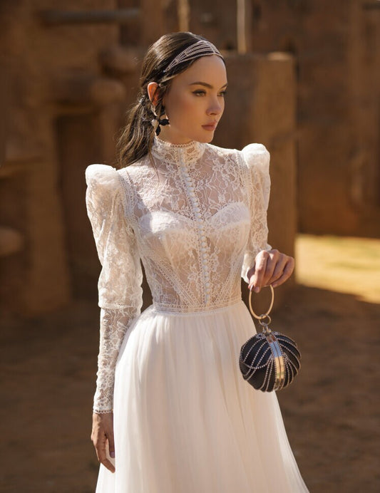 Vintage Style High Lace Collar Neckline Aline Wedding Dress Bridal Gown Long Puff Shoulder Sleeves Covered Back with Train Bustier Built In