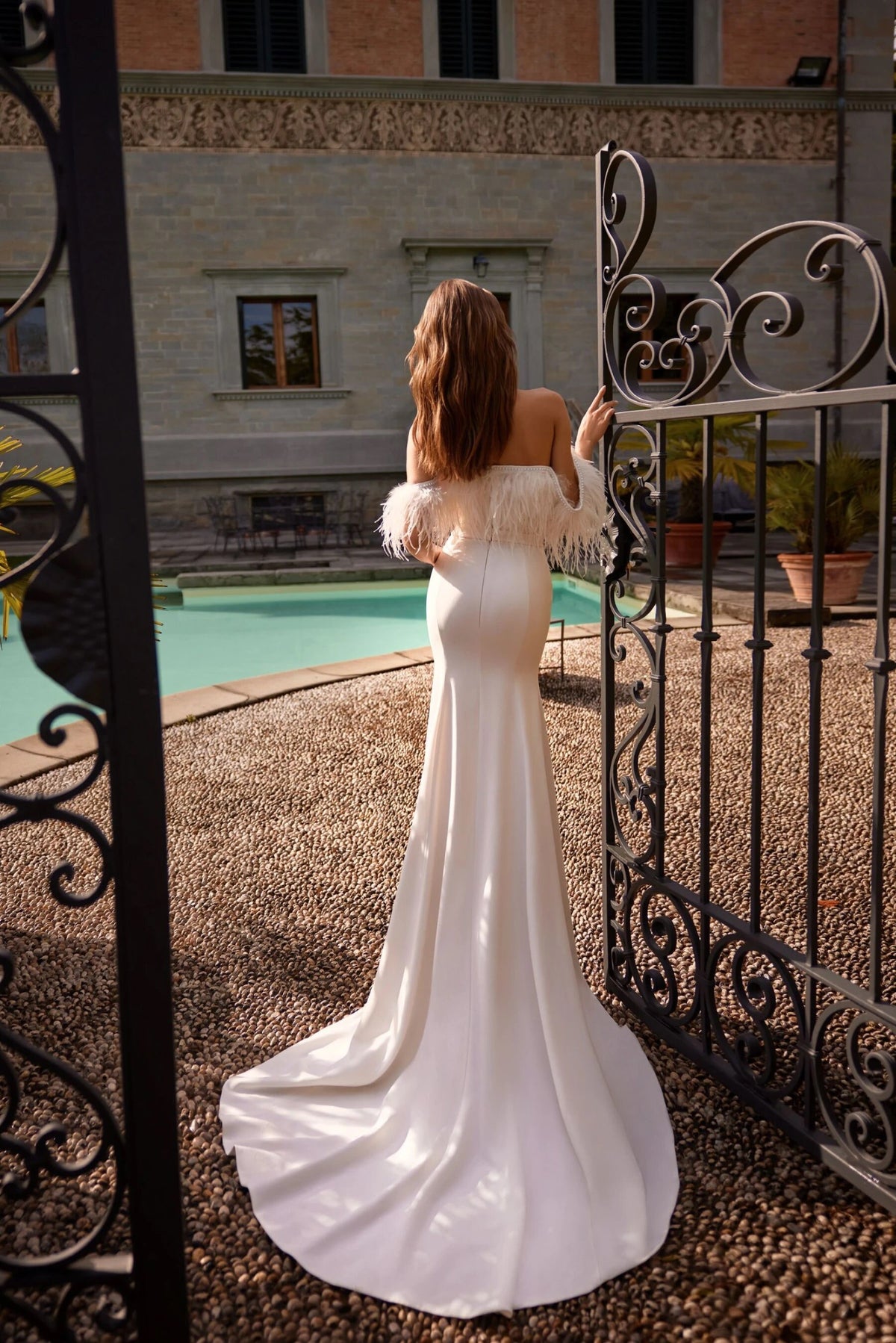 Modern Fit and Flare Wedding Dress Off the Shoulder Feathers Sweetheart Neckline Open Back Side Slit Fitted Bridal Gown Unique Modern Design