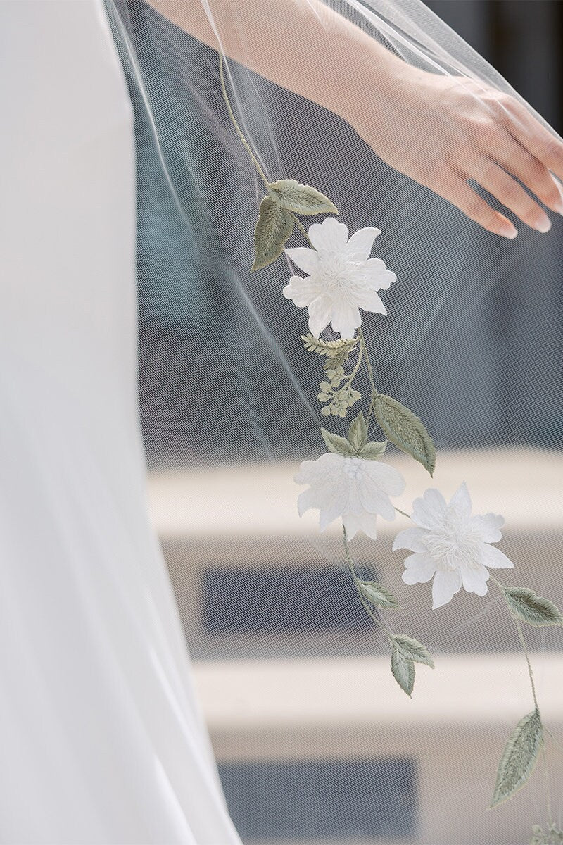 Bridal Veils Embroidered Vines Sage Vines Alabaster Blossoms Wedding Veil Cathedral Length Floral Design with Comb