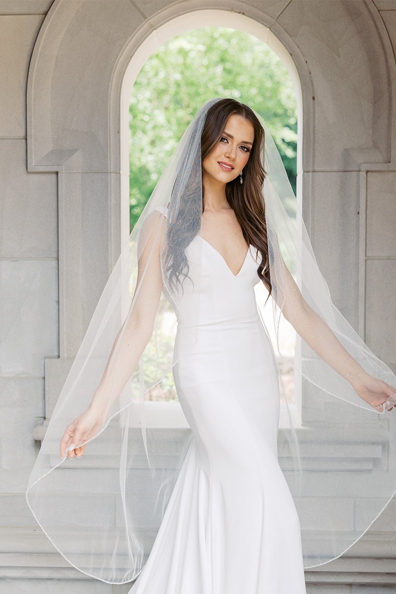 Bridal Veils Crystals Pearls Wedding Veil Waltz Length Beaded Edge Sparkle