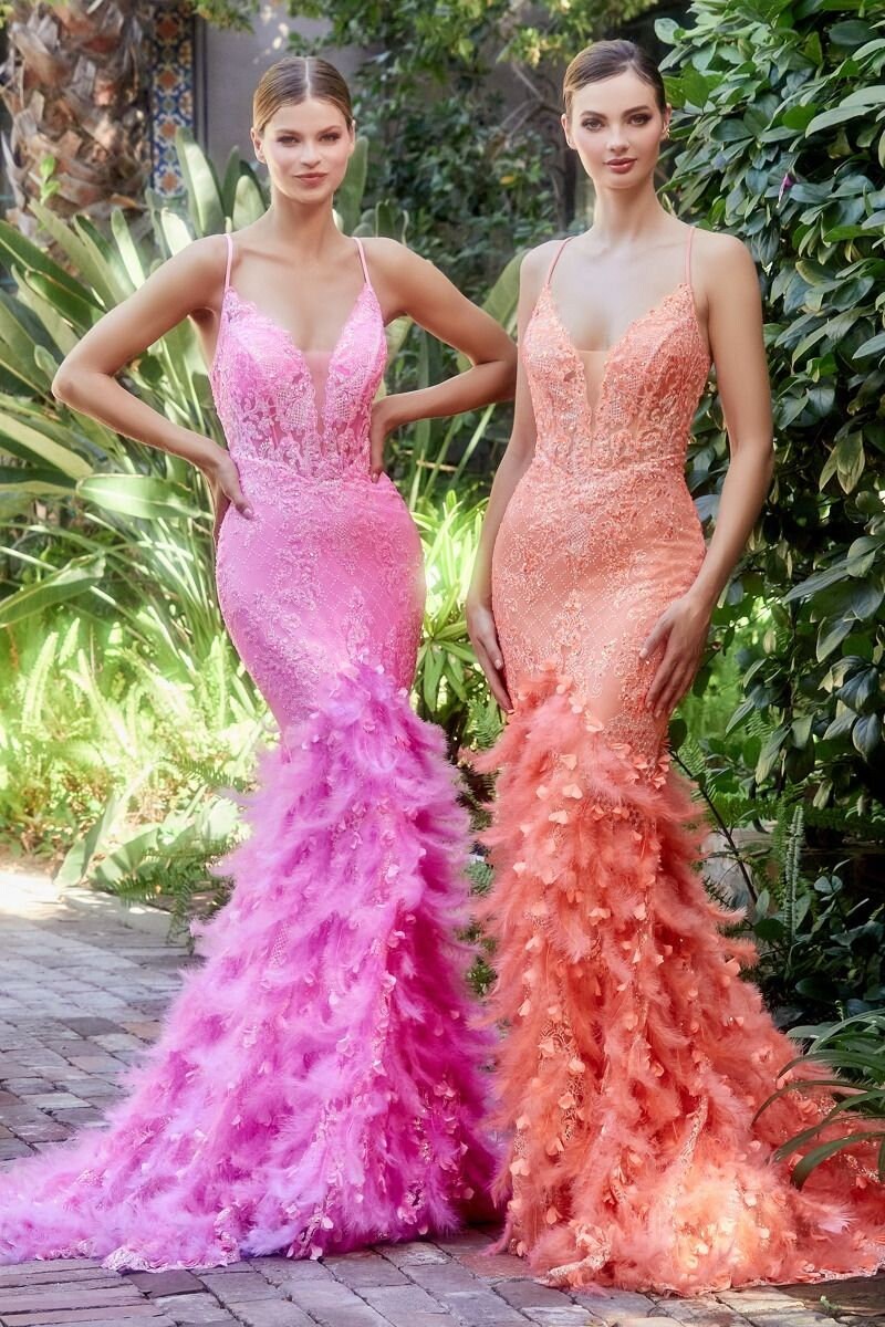 Fitted Beaded Lace Formal Gown Gala Dress Deep V Neckline Sleeveless Design Open Back Prom Dress Sheer Bodice Mermaid Silhouette Feathers