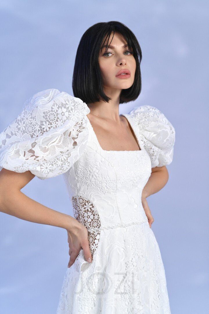 Beautiful ALine Short Puffy Sleeves All Over Floral Lace Square Neckline Wedding Dress Bridal Gown with Lace Train Low Open Back Sheer Sides