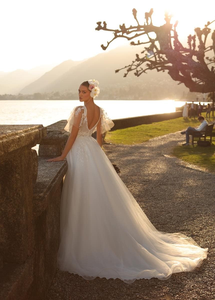 Unique Sleeveless Detachable Flutter Sleeves V Neckline Aline Wedding Dress Bridal Gown Train Ivory Gown Classic Design Open V Back