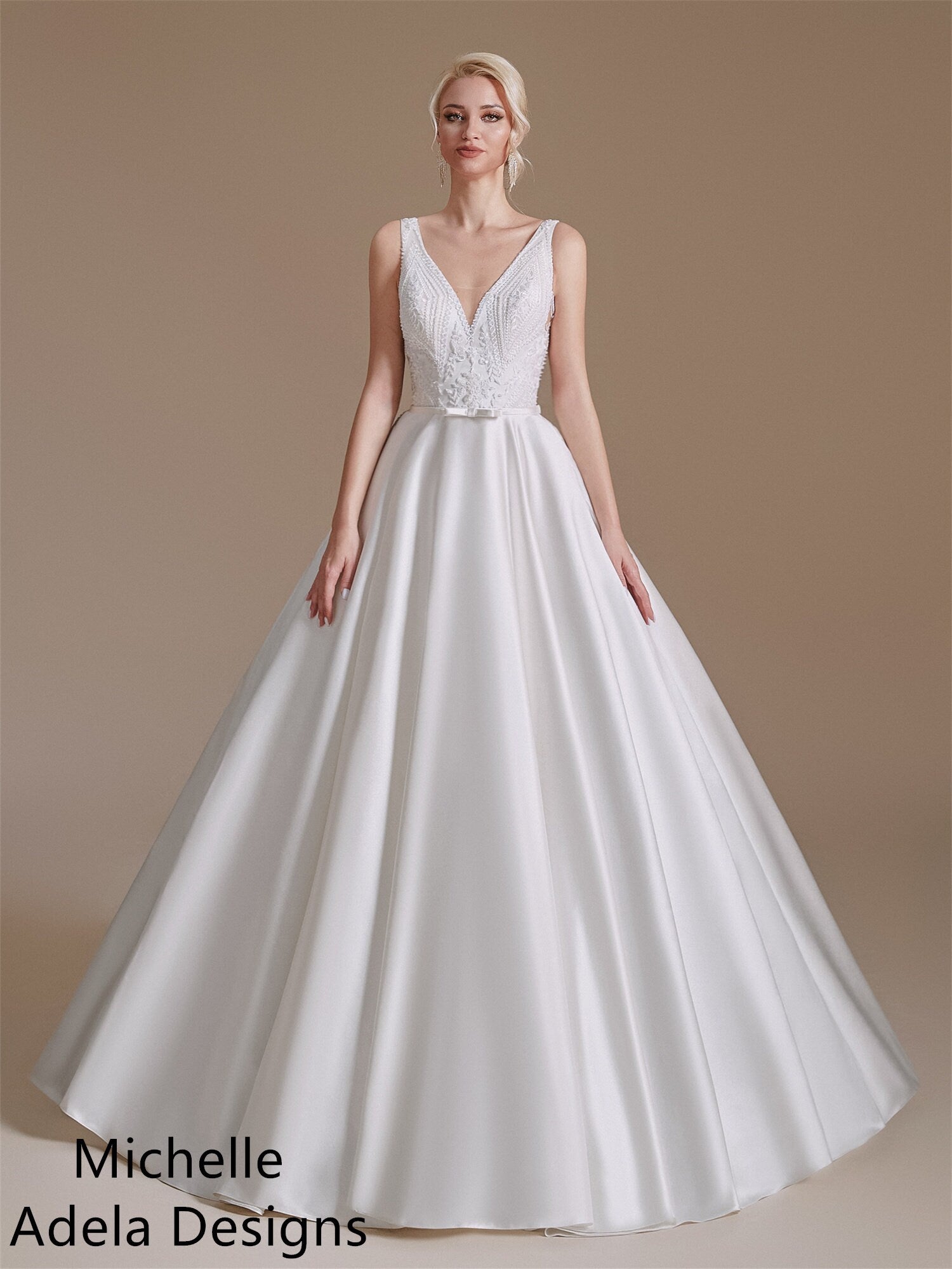 Timeless Style Satin with Lace Aline Wedding Dress Bridal Gown Sleeveless No Train Full Aline Minimalist Simple Design Illusion Back