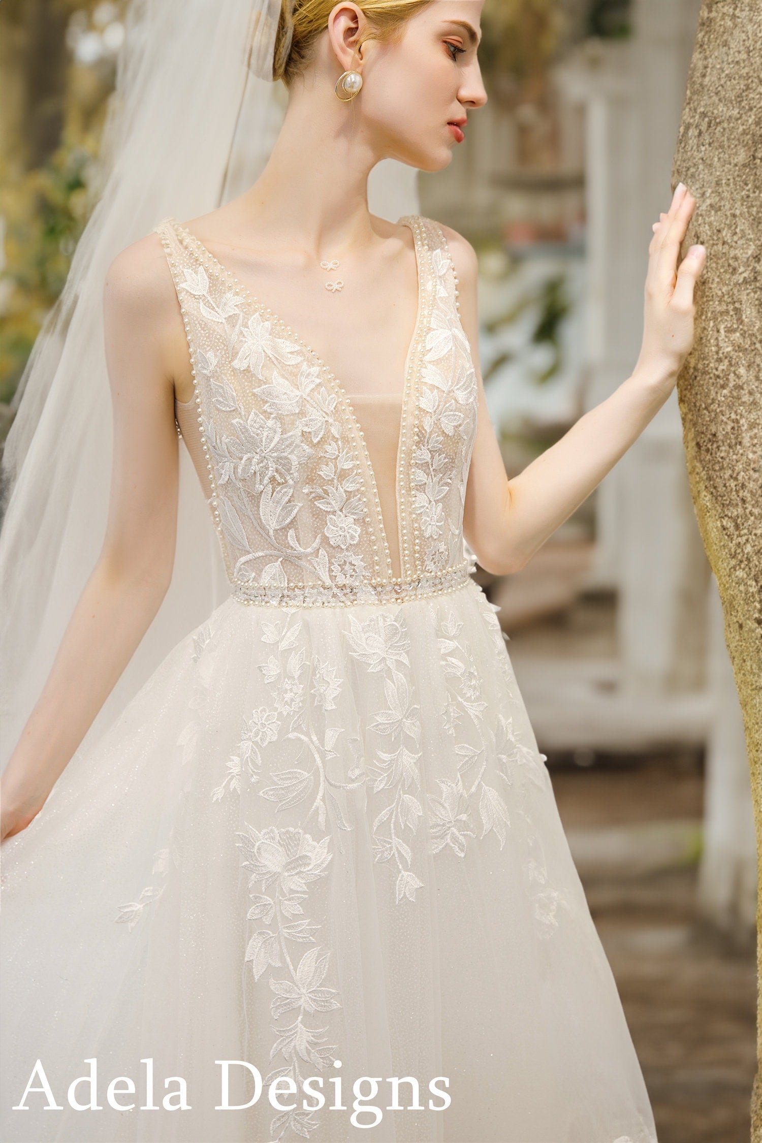 Damaris Boho Sparkle Tulle Wedding Dress | Floral Lace A-Line Bridal Gown by Adela Designs A & M Enterprises Bridal Damaris Boho Sparkle Tulle Wedding Dress | Floral Lace A-Line Bridal Gown by Adela Designs A & M Enterprises Bridal