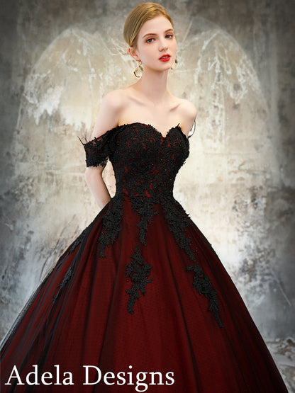 Black And Dark Red Ball Gown Gothic Wedding Dress Bridal Off The Shoulder Lace Bare Shoulders Open Back Ballgown