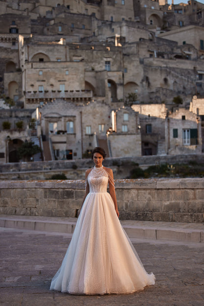 Beautiful Sparkle Sequin Bustier Slight Sweetheart Neckline ALine Wedding Dress Bridal Gown Dangling Beads Sleeveless Detachable Collar