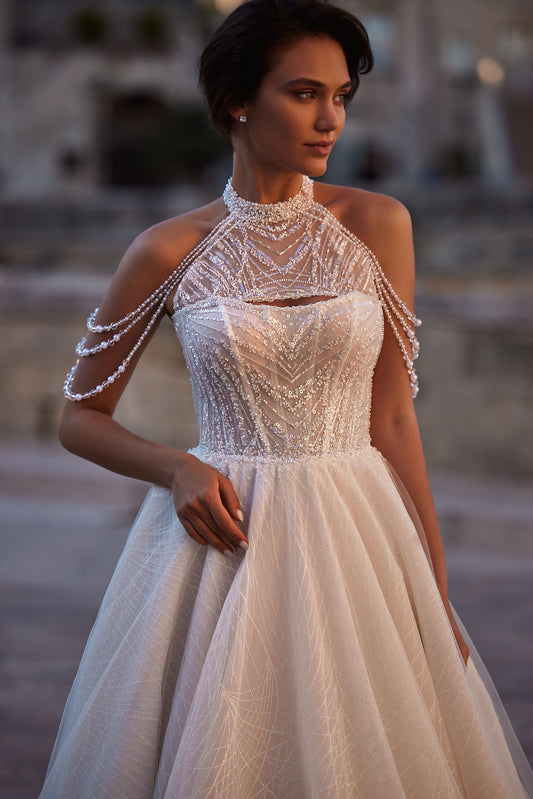 Beautiful Sparkle Sequin Bustier Slight Sweetheart Neckline ALine Wedding Dress Bridal Gown Dangling Beads Sleeveless Detachable Collar