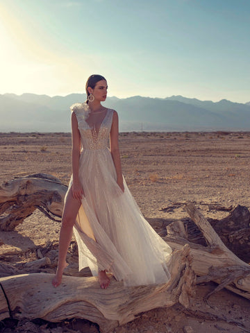 Aline Silhouette Sparkle Deep V Neckline Wedding Dress Sleeveless with Side Slit Illusion Open V Back Bridal Gown