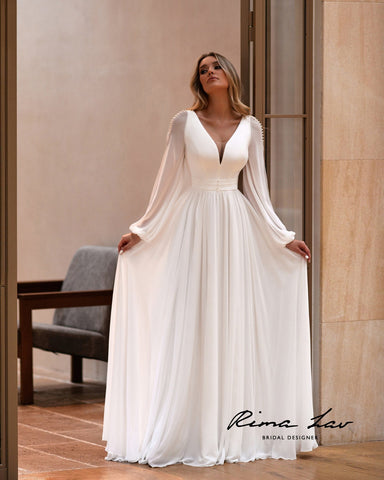 Beautiful Minimalist Long Chiffon Sleeve V Neckline Wedding Dress Bridal Gowns Plus Size Short Train Simple Classic Aline Design Open Back