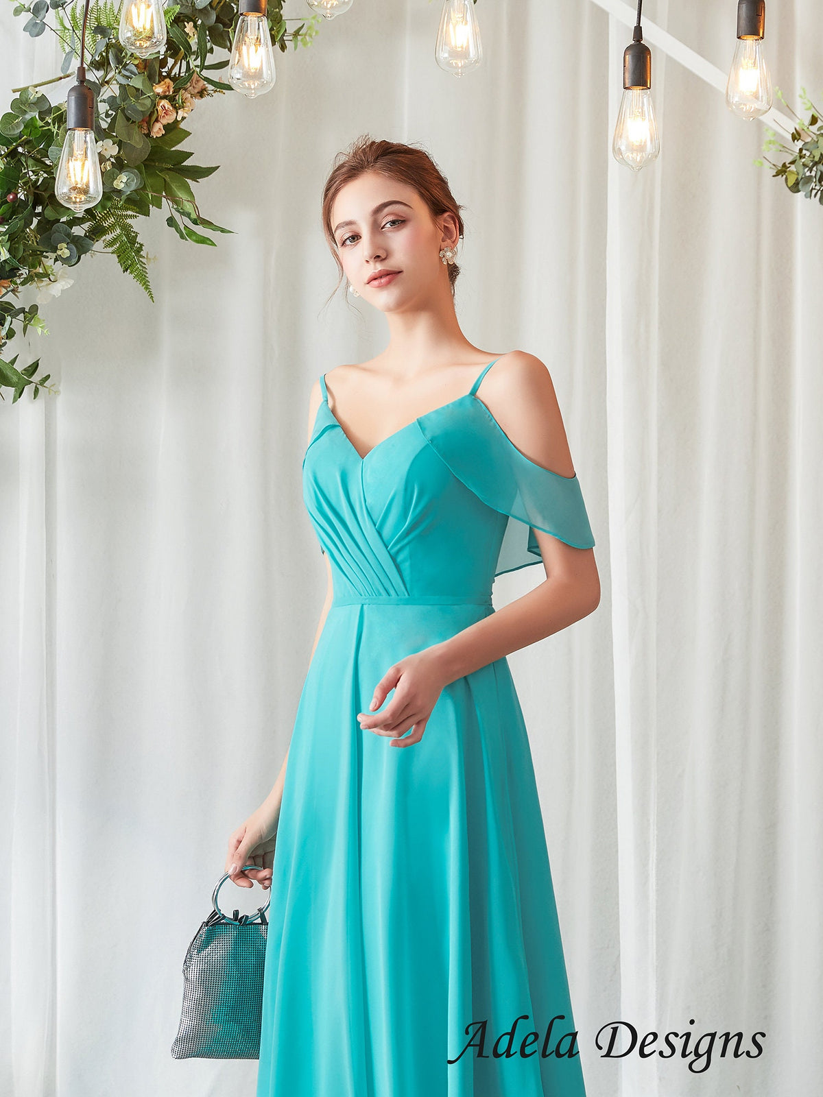 Cold Shoulder Sleeves Boho Bridesmaid Dress Formal Gown Prom Evening Gala Dress Aline Chiffon Fabric V Neck Open Back Beach Style Flowy