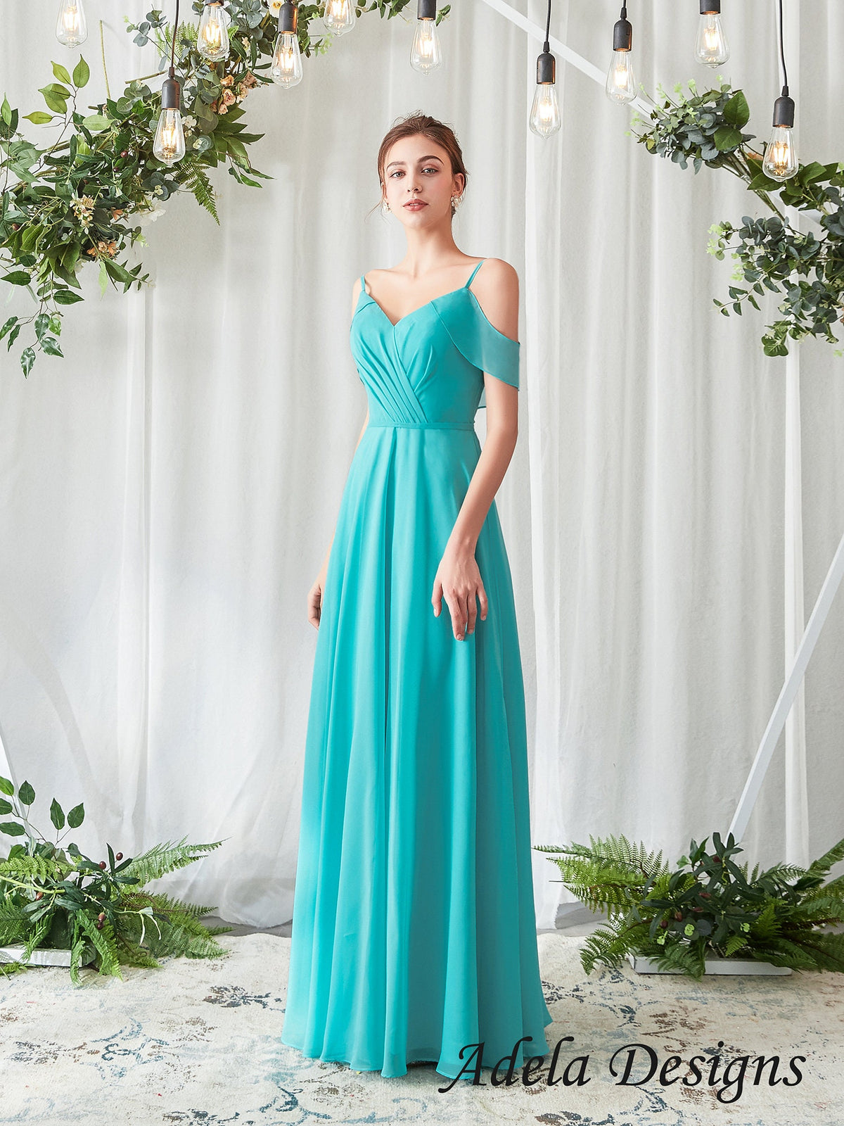 Cold Shoulder Sleeves Boho Bridesmaid Dress Formal Gown Prom Evening Gala Dress Aline Chiffon Fabric V Neck Open Back Beach Style Flowy