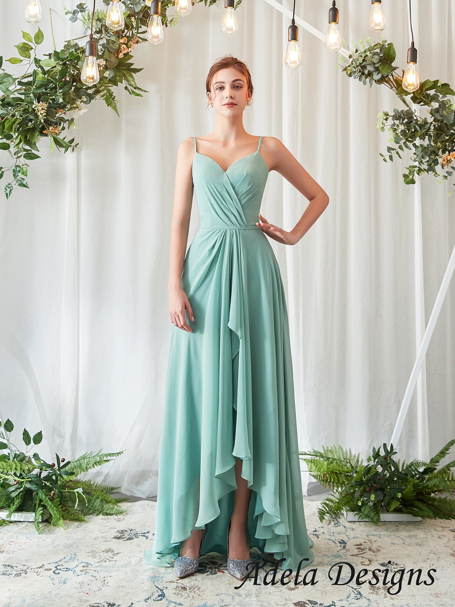chiffon fabric bridesmaid dress Sage High-Low bestdress_event NINE West Women's Jen Chiffon Back Zipper Size:66 Regular