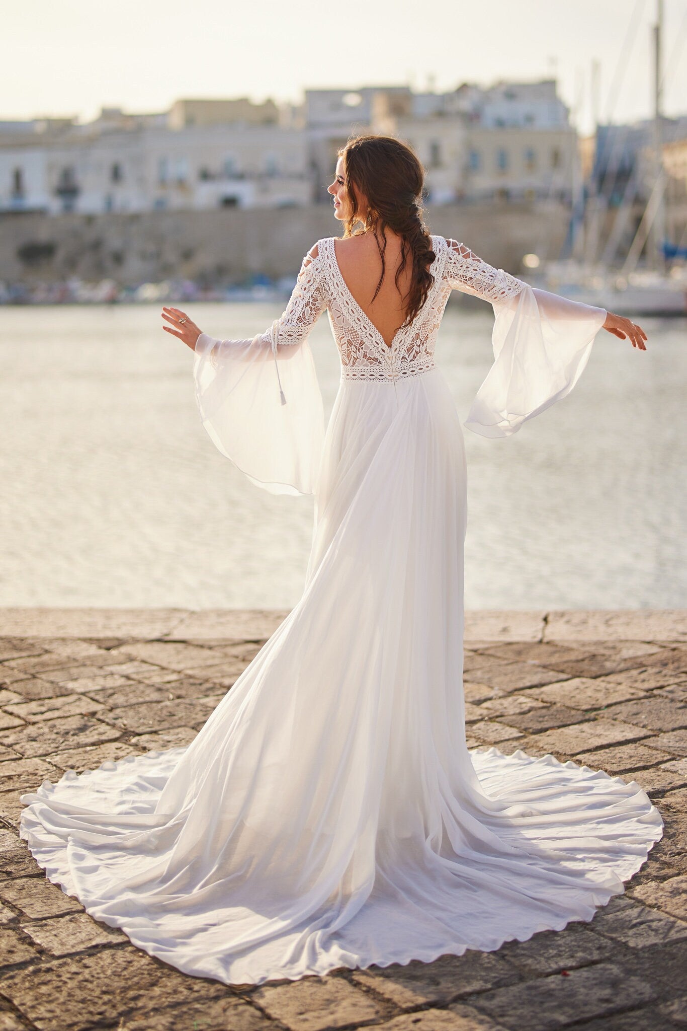 Brenda Boho Lace Wedding Dress with Bell Sleeves