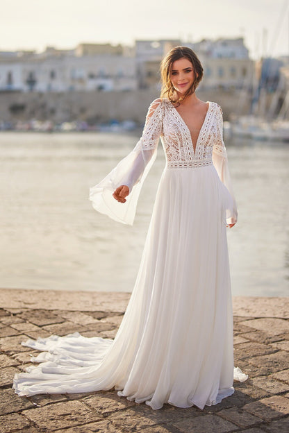 Brenda Boho Lace Wedding Dress with Bell Sleeves | A-Line Gown A & M Enterprises Bridal Brenda Boho Lace Wedding Dress with Bell Sleeves | A-Line Gown A & M Enterprises Bridal