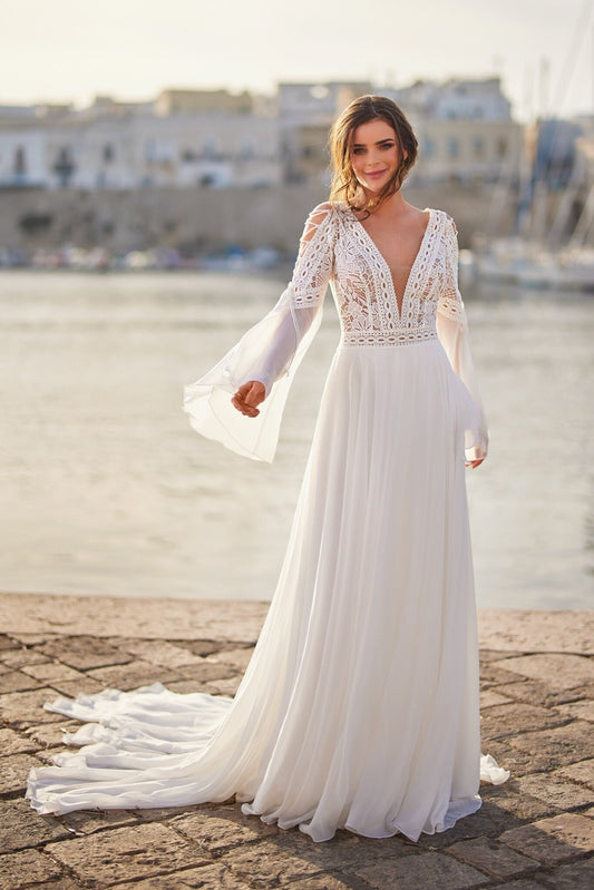 Boho Aline Long Bell Sleeves Deep V Neckline Wedding Dress Bridal Gown Open V Back Boho Country Style Chiffon Beach Style A-line Gown Skirt