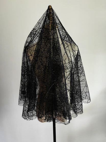 Unconventional Gothic Black Halloween Spider Web Embroidery Lace Short Veil for Bride Wedding Unique Design Sparkle