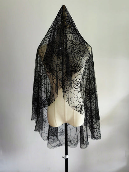 Unconventional Gothic Black Halloween Spider Web Embroidery Lace Short Veil for Bride Wedding Unique Design Sparkle