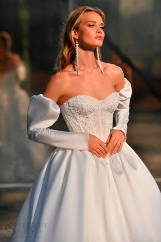 Romantic Off-the-Shoulder Long Sleeves Sweetheart Neckline Corset Top Sleeveless Wedding Dress Bridal Gown ALine Full Skirt Royal Satin