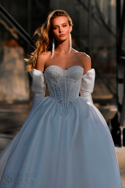 Romantic Off-the-Shoulder Long Sleeves Sweetheart Neckline Corset Top Sleeveless Wedding Dress Bridal Gown ALine Full Skirt Royal Satin