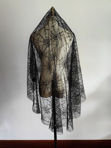 Unconventional Gothic Black Halloween Spider Web Embroidery Lace Short Veil for Bride Wedding Unique Design Sparkle