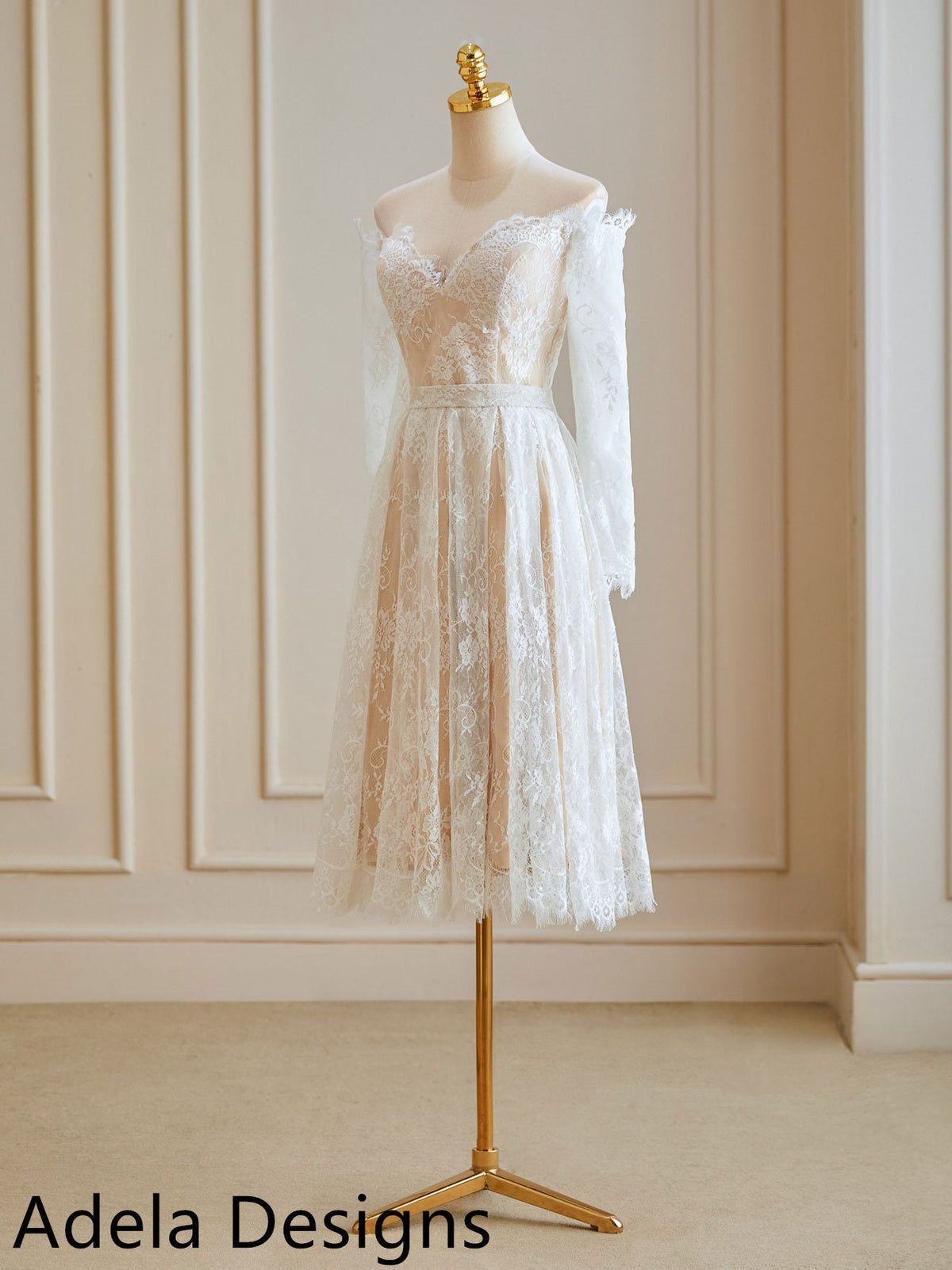ALine V Neck Short Knee Length Wedding Dress Bridesmaid Formal Prom Gala Off The Shoulder Long Sleeve Design Simple Lace Prom