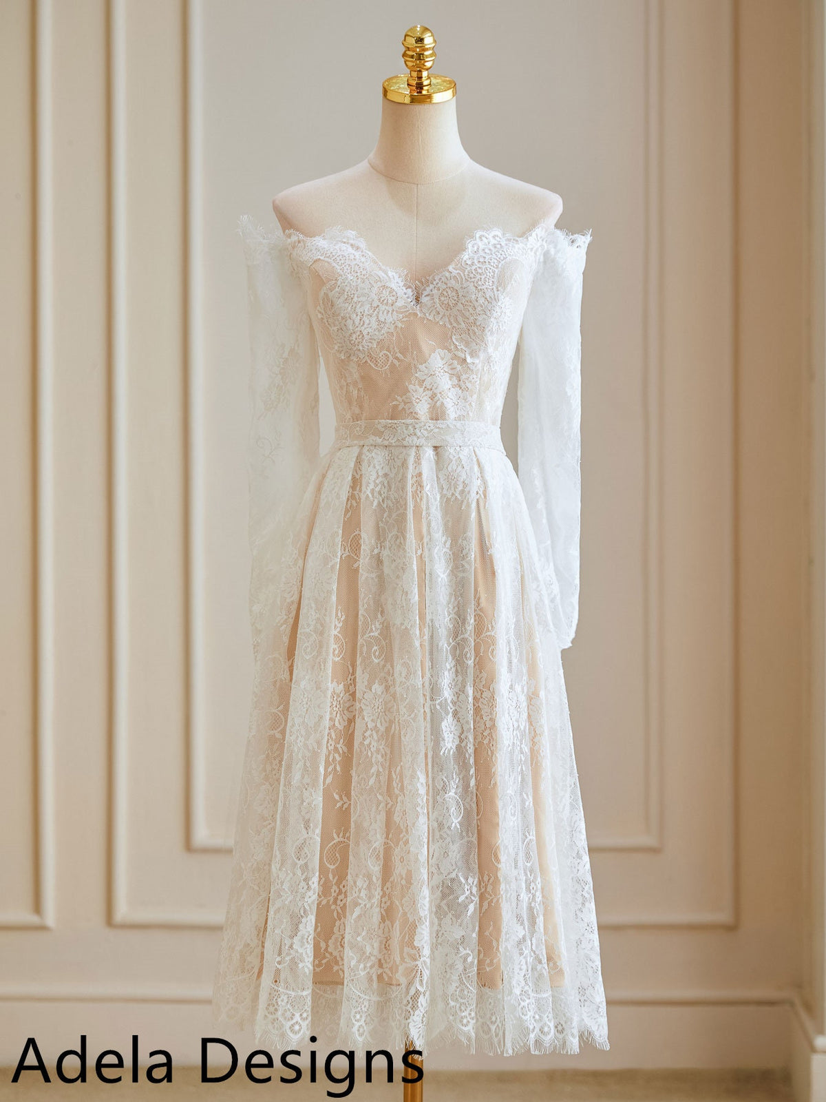 ALine V Neck Short Knee Length Wedding Dress Bridesmaid Formal Prom Gala Off The Shoulder Long Sleeve Design Simple Lace Prom