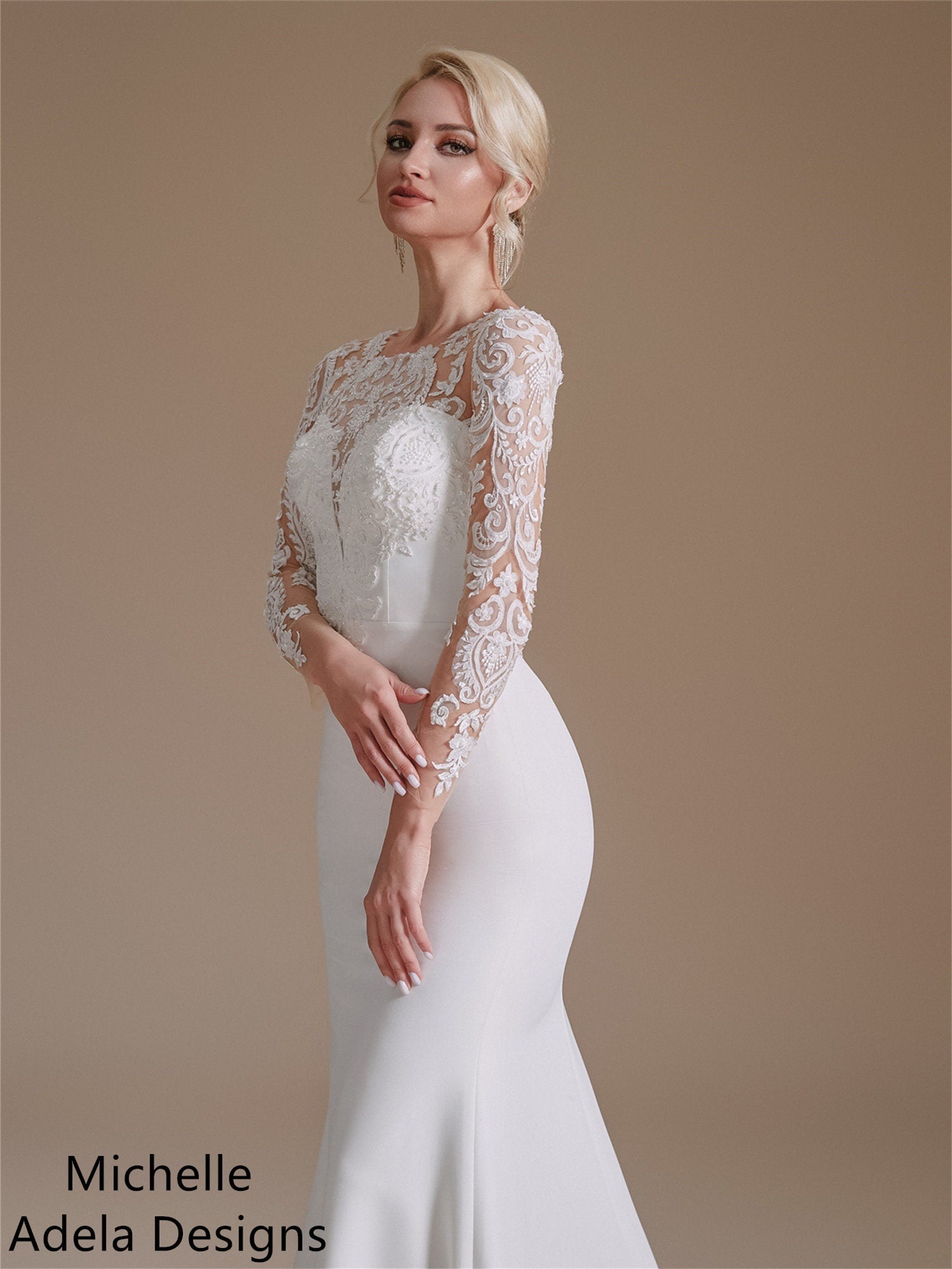 Vintage Style Stretch Crepe Beaded Lace Mermaid Classic Wedding Dress With Long Sleeves Bridal Gown Lace Bodice Fit and Flare with Train