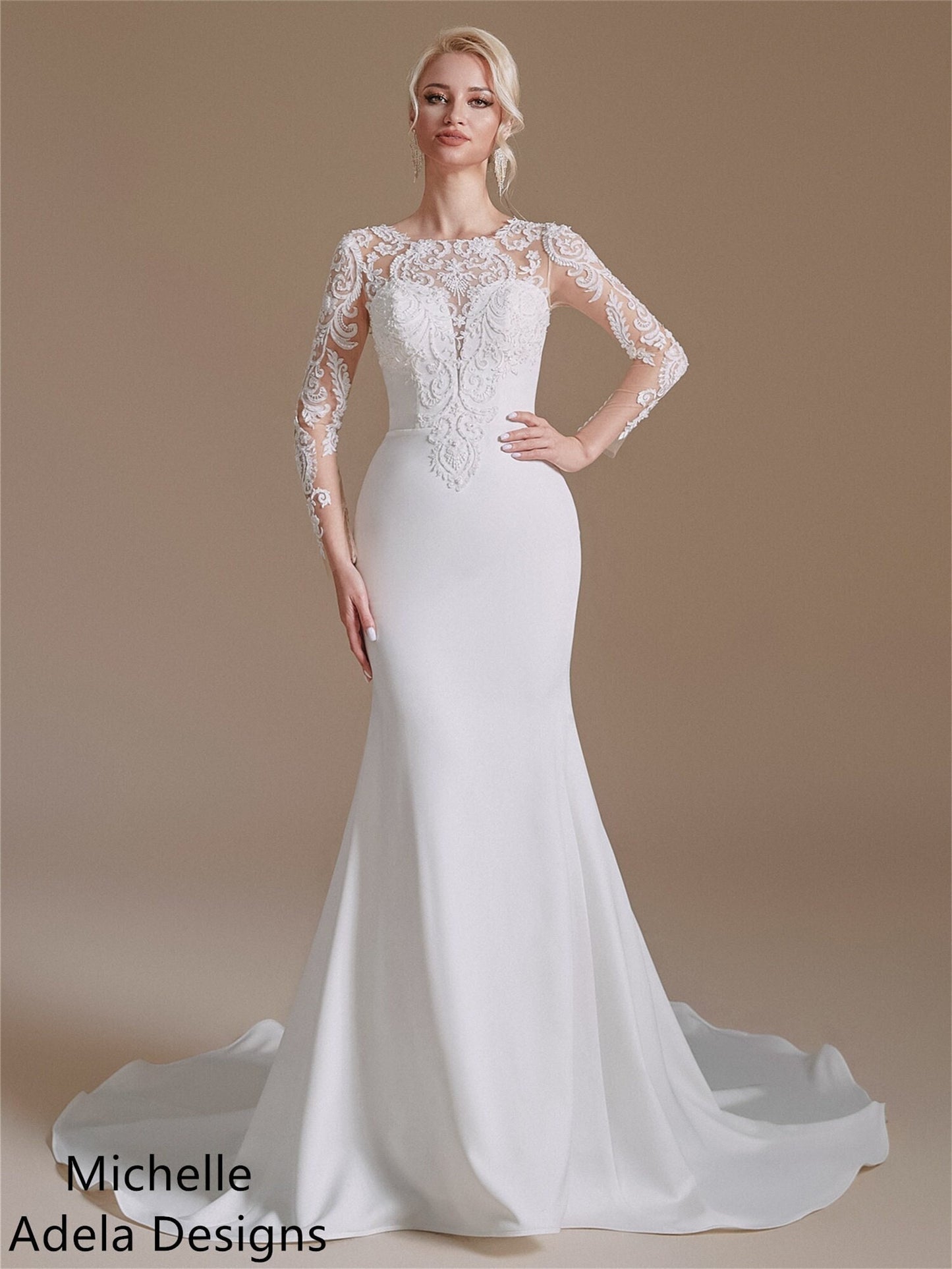 Vintage Style Stretch Crepe Beaded Lace Mermaid Classic Wedding Dress With Long Sleeves Bridal Gown Lace Bodice Fit and Flare with Train