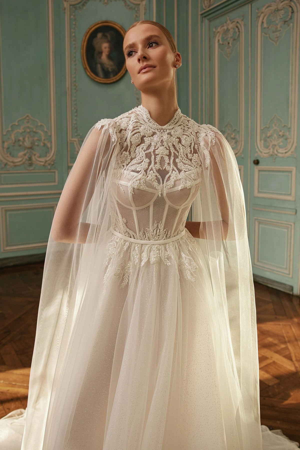 Unique Modern Aline Wedding Dress Bridal Gown with Corset Bodice Bustier Design High Neckline Covered Back Sparkle Dress Cape Sleeves Lace
