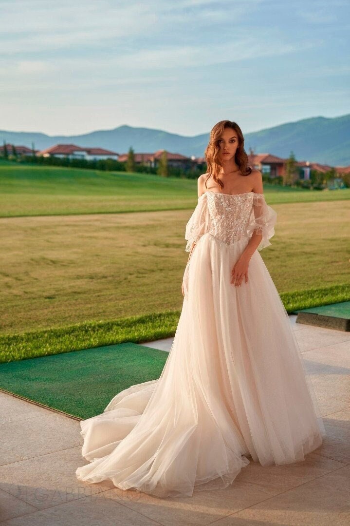 Romantic Off-the-Shoulder Puff Short Sleeves Straight Neckline Corset Top Sleeveless Wedding Dress Bridal Gown ALine Full Skirt Sparkle