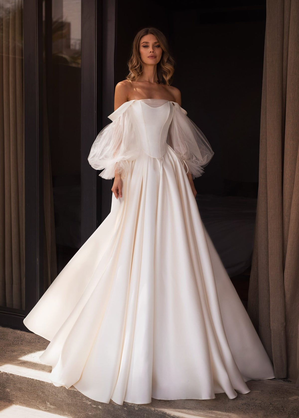 Aline Vintage Style Satin Wedding Dress, Long Off The Shoulder Puff Sleeve Dress Open Back Wedding Dress Bridal Gown Modern Design Train