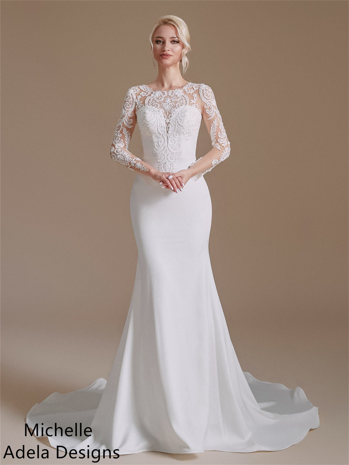 Vintage Style Stretch Crepe Beaded Lace Mermaid Classic Wedding Dress With Long Sleeves Bridal Gown Lace Bodice Fit and Flare with Train
