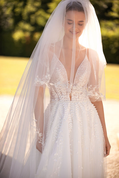 Unique Modern Aline Wedding Dress Bridal Gown with Corset Bodice Bustier Design High Neckline Covered Back Sparkle Dress Cape Sleeves Lace